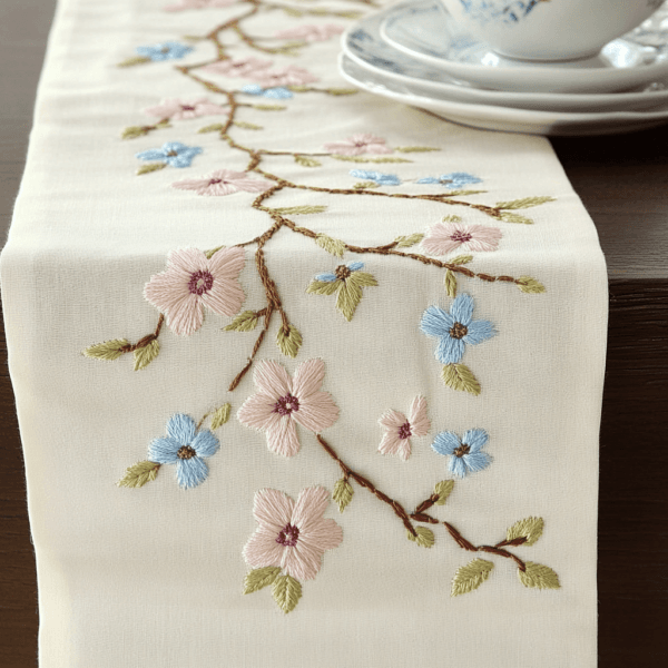 Embroidered Table Runner with Pink and Blue Floral Design, Decorative Dining Table Decor, Cream White