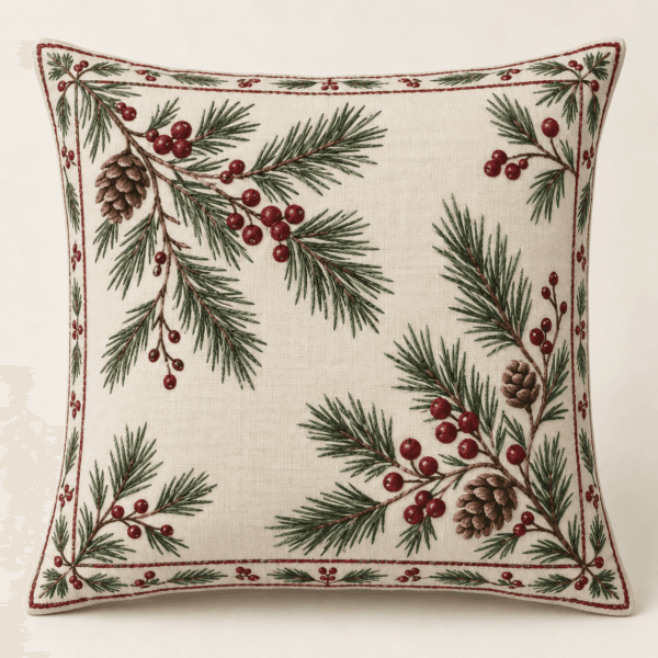 Pine & Berry Decorative Pillow Cover in warm ivory, evergreen and burgundy — design visualization