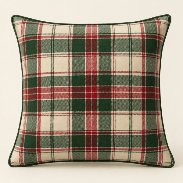 Heritage Plaid Decorative Pillow Cover in cream, forest green and deep red — design visualization