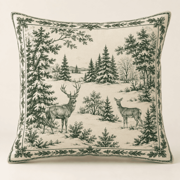 Winter Toile Decorative Pillow Cover in ivory and evergreen — design visualization