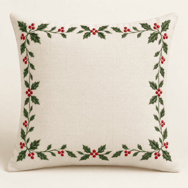 Holly Border Decorative Pillow Cover in ivory, red and green — design visualization