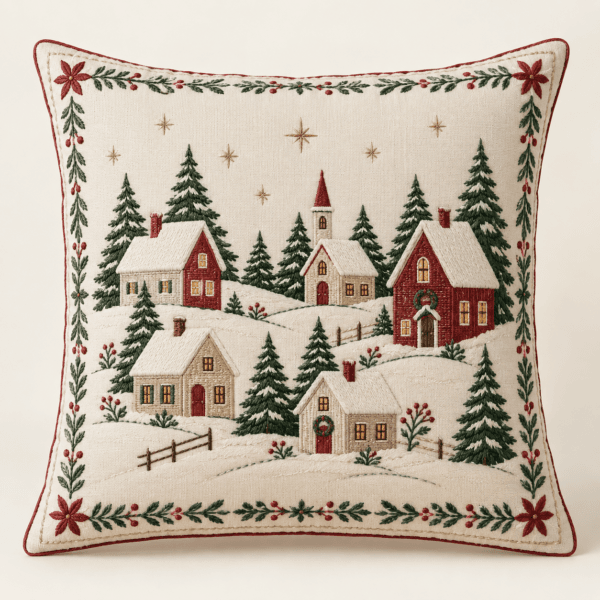 Candlelit Village Decorative Pillow Cover in cream, forest green and brick red — design visualization