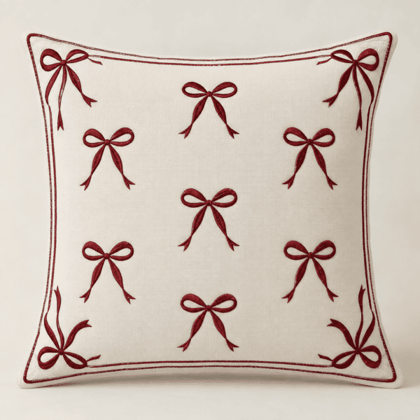Burgundy Bow Decorative Pillow Cover in ivory and oxblood — design visualization