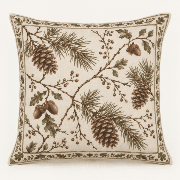 Woodland Cocoa Decorative Pillow Cover in cream, cocoa and olive — design visualization