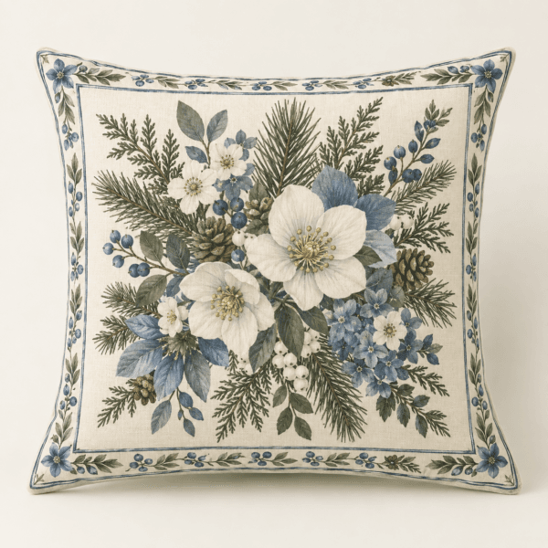 Blue Winter Garden Decorative Pillow Cover in warm white, muted blue and olive — design visualization