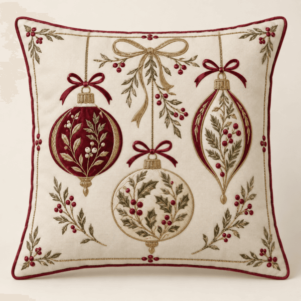 Heirloom Ornament Decorative Pillow Cover in ivory, burgundy and muted gold — design visualization