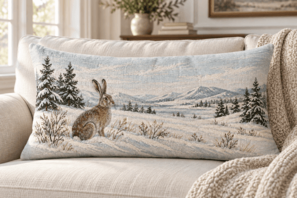 Winter Hare Landscape — Decorative Pillows in ice blue, chalk, cocoa, pine in a styled setting — design visualization
