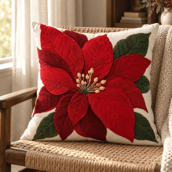 Scarlet Bloom — Decorative Pillows in scarlet, burgundy, dark green, ivory in a styled setting — design visualization