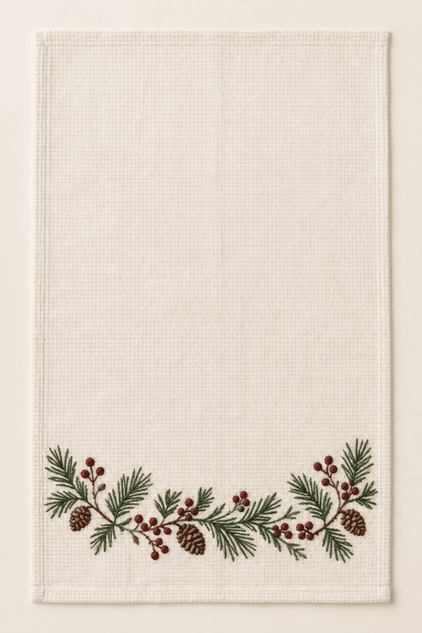 Pine & Berry Kitchen Towel in warm ivory, evergreen and burgundy — design visualization