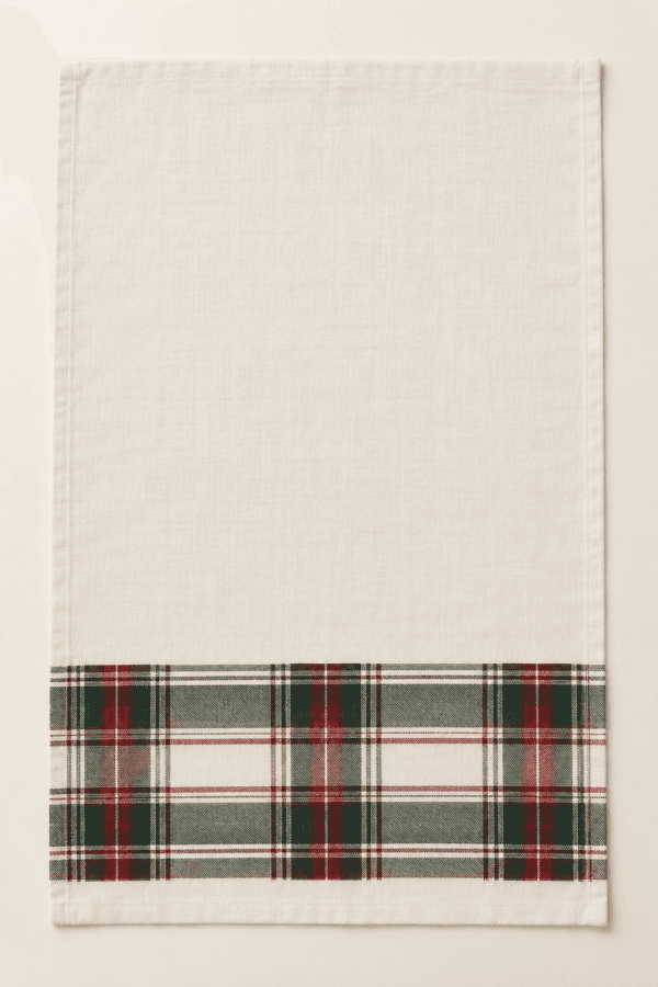 Heritage Plaid Kitchen Towel in cream, forest green and deep red — design visualization