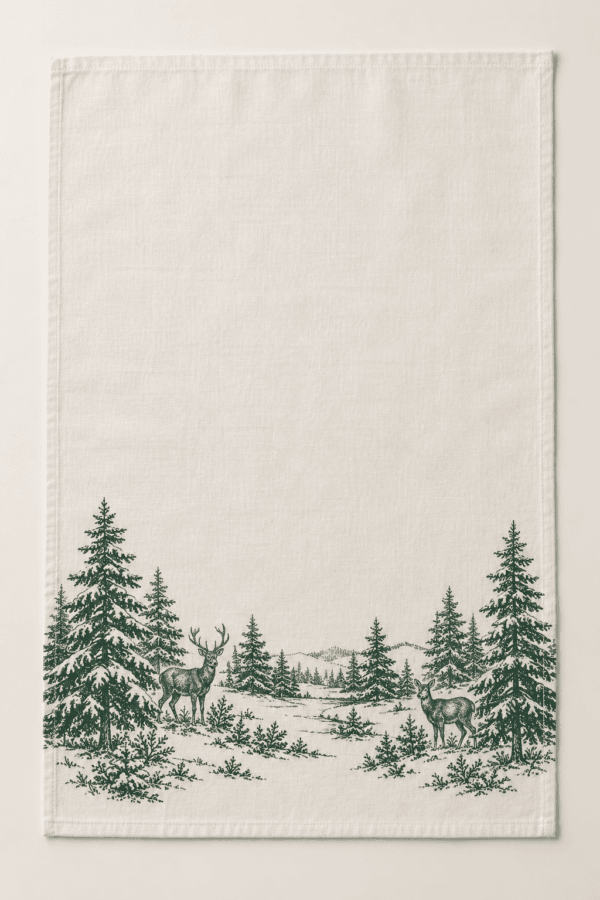 Winter Toile Kitchen Towel in ivory and evergreen — design visualization