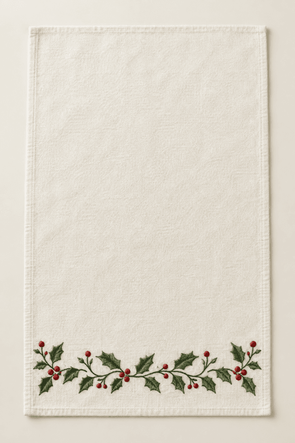 Holly Border Kitchen Towel in ivory, red and green — design visualization