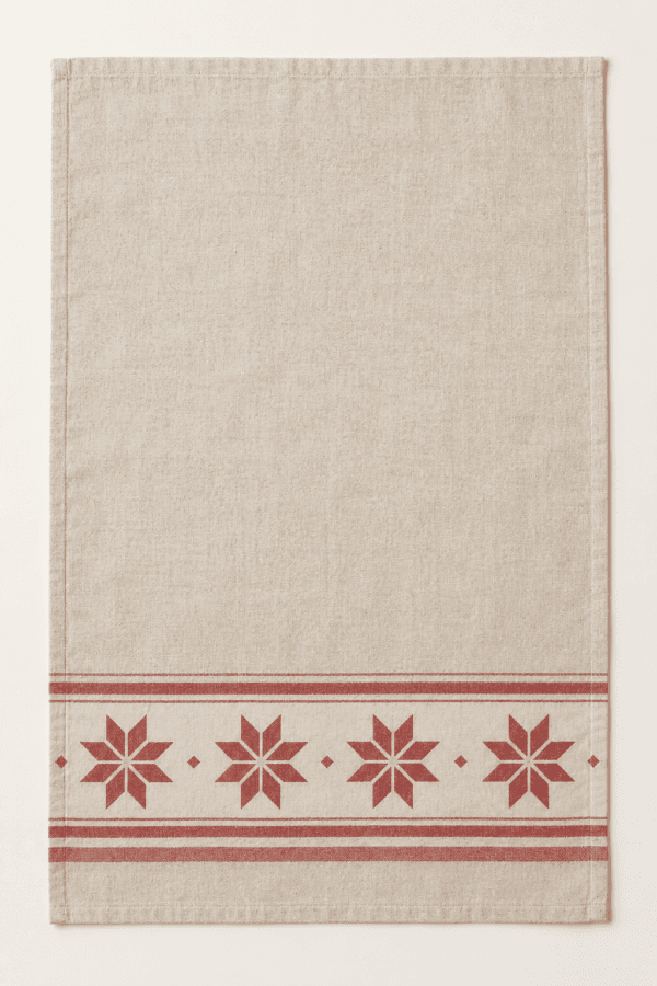 Nordic Star Kitchen Towel in oatmeal, muted red and cream — design visualization
