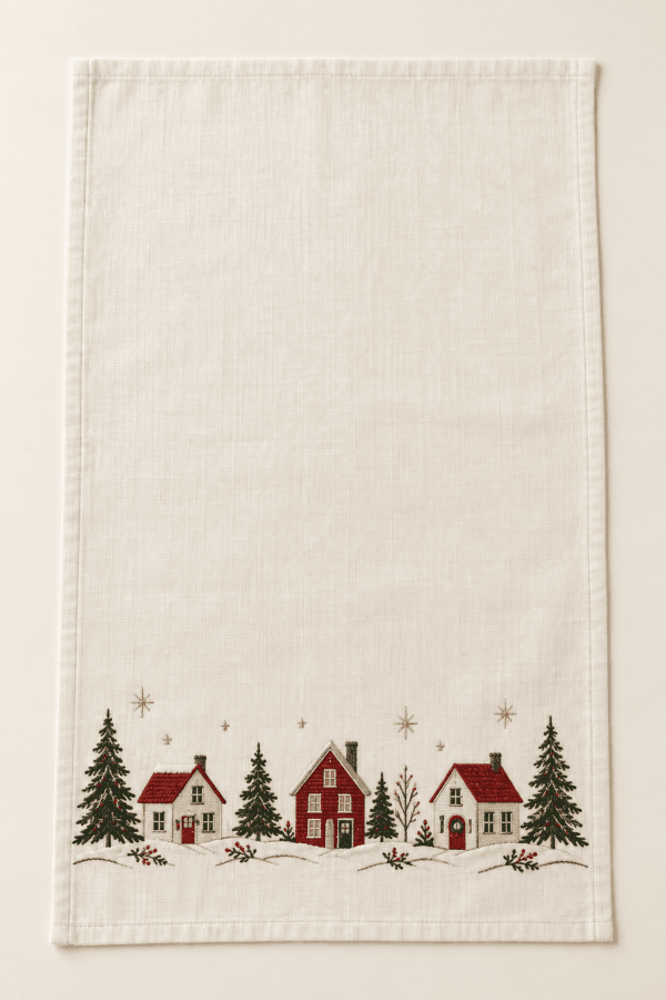 Candlelit Village Kitchen Towel in cream, forest green and brick red — design visualization