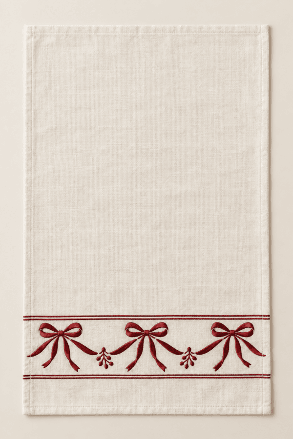 Burgundy Bow Kitchen Towel in ivory and oxblood — design visualization