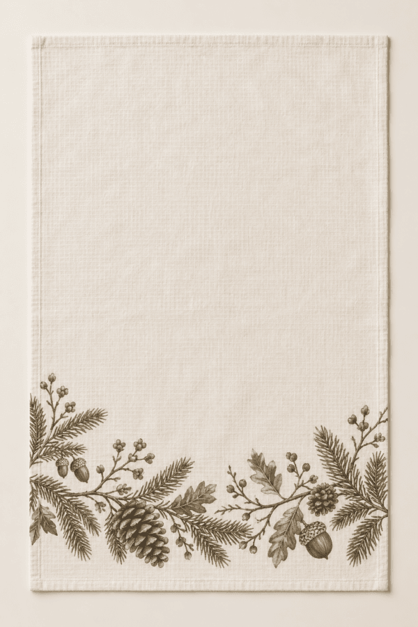 Woodland Cocoa Kitchen Towel in cream, cocoa and olive — design visualization