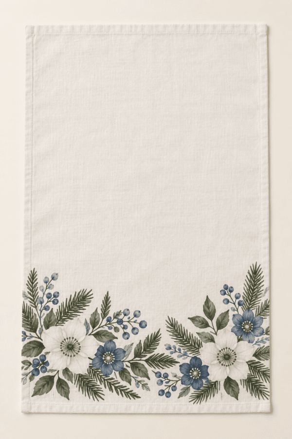 Blue Winter Garden Kitchen Towel in warm white, muted blue and olive — design visualization