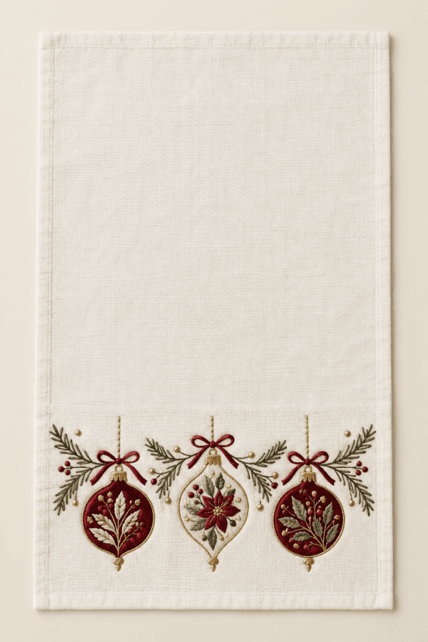 Heirloom Ornament Kitchen Towel in ivory, burgundy and muted gold — design visualization