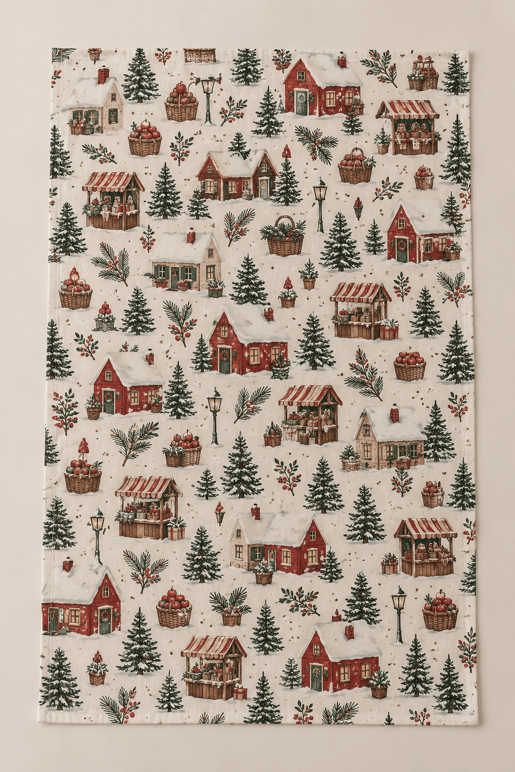 Tiny Winter Market — Kitchen Towels in red, spruce, cream, cocoa — design visualization