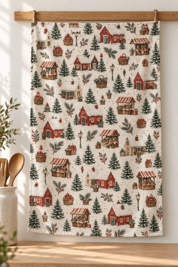 Tiny Winter Market — Kitchen Towels in red, spruce, cream, cocoa in a styled setting — design visualization
