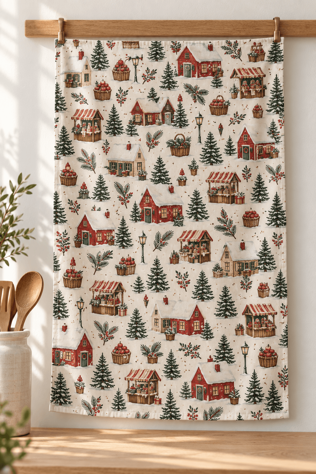 Tiny Winter Market — Kitchen Towels in red, spruce, cream, cocoa in a styled setting — design visualization