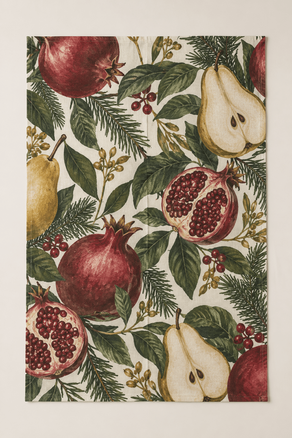 Festive Orchard — Kitchen Towels in wine, moss, gold, warm ivory — design visualization