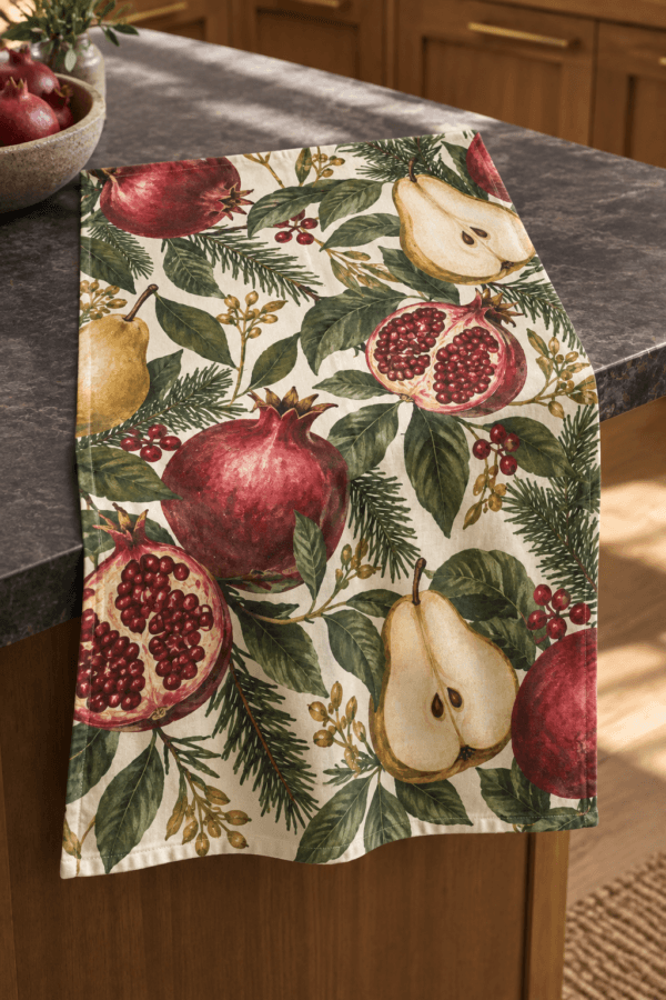 Festive Orchard — Kitchen Towels in wine, moss, gold, warm ivory in a styled setting — design visualization