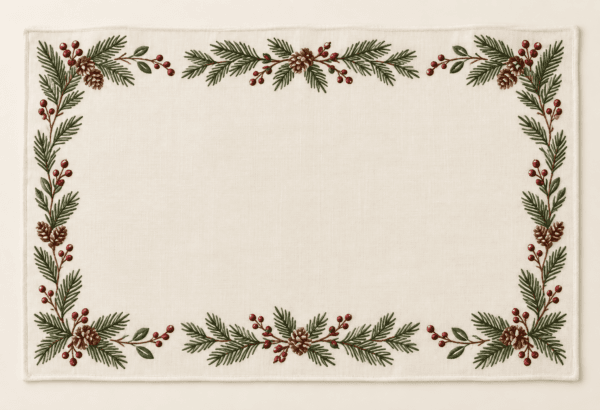 Pine & Berry Placemat in warm ivory, evergreen and burgundy — design visualization