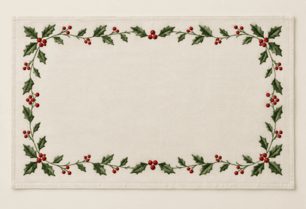 Holly Border Placemat in ivory, red and green — design visualization
