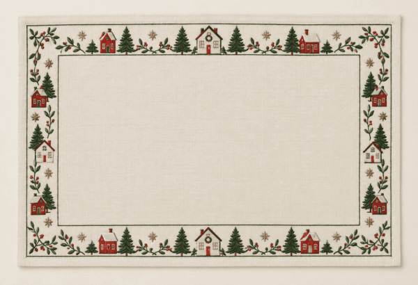 Candlelit Village Placemat in cream, forest green and brick red — design visualization