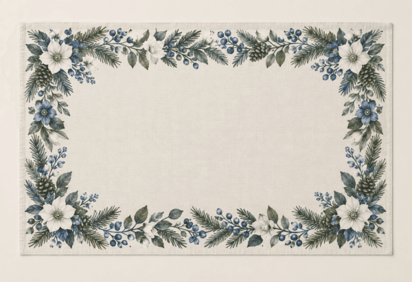 Blue Winter Garden Placemat in warm white, muted blue and olive — design visualization