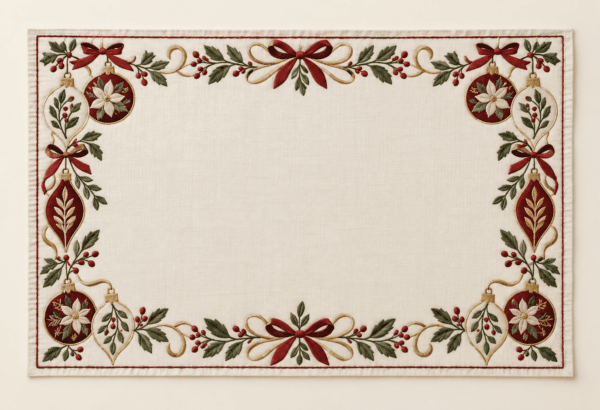 Heirloom Ornament Placemat in ivory, burgundy and muted gold — design visualization