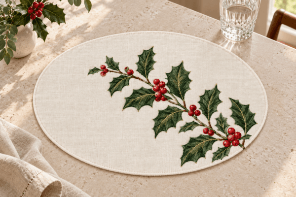 Holly Off-Center — Placemats in deep green, berry red, ivory in a styled setting — design visualization