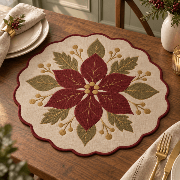 Winter Rosette — Placemats in burgundy, flax, antique gold in a styled setting — design visualization