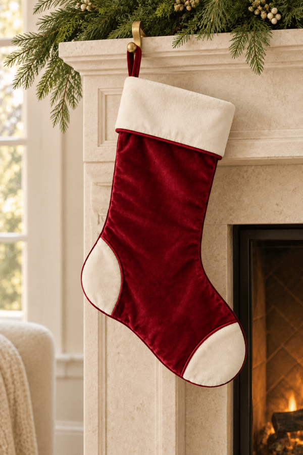Cranberry Velvet — Christmas Stockings in cranberry, ivory in a styled setting — design visualization