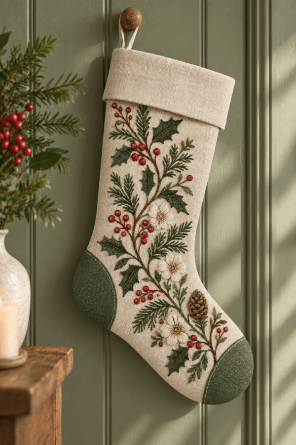 Winter Garden Stitch — Christmas Stockings in pine, berry red, flax in a styled setting — design visualization