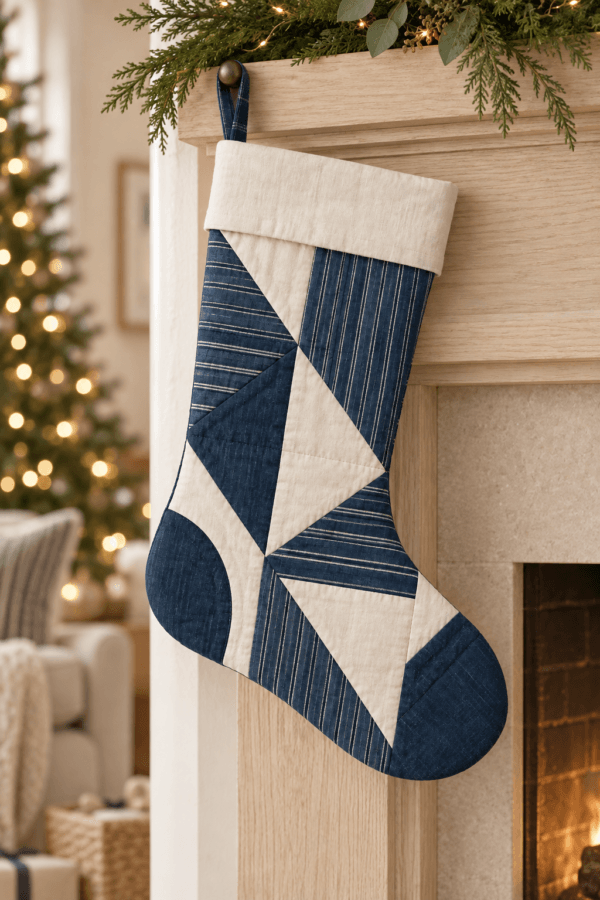 Indigo Quilt — Christmas Stockings in indigo, ivory in a styled setting — design visualization