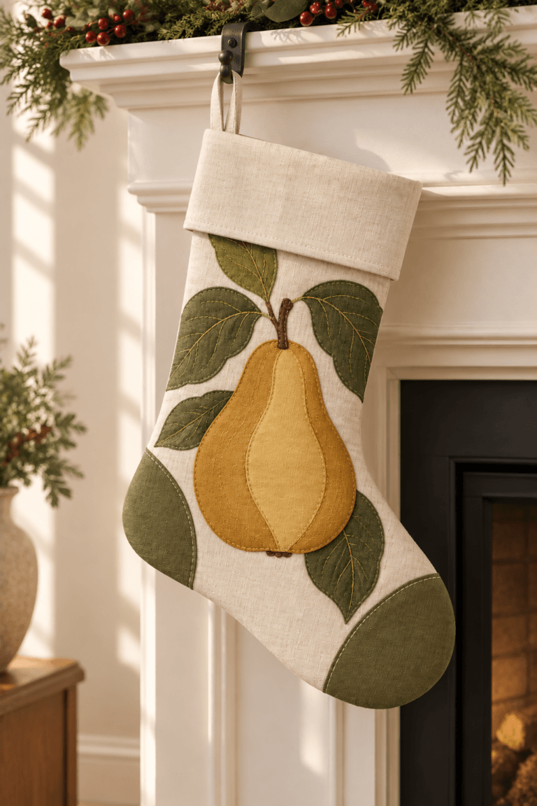 Golden Pear — Christmas Stockings in ochre, olive, cream in a styled setting — design visualization