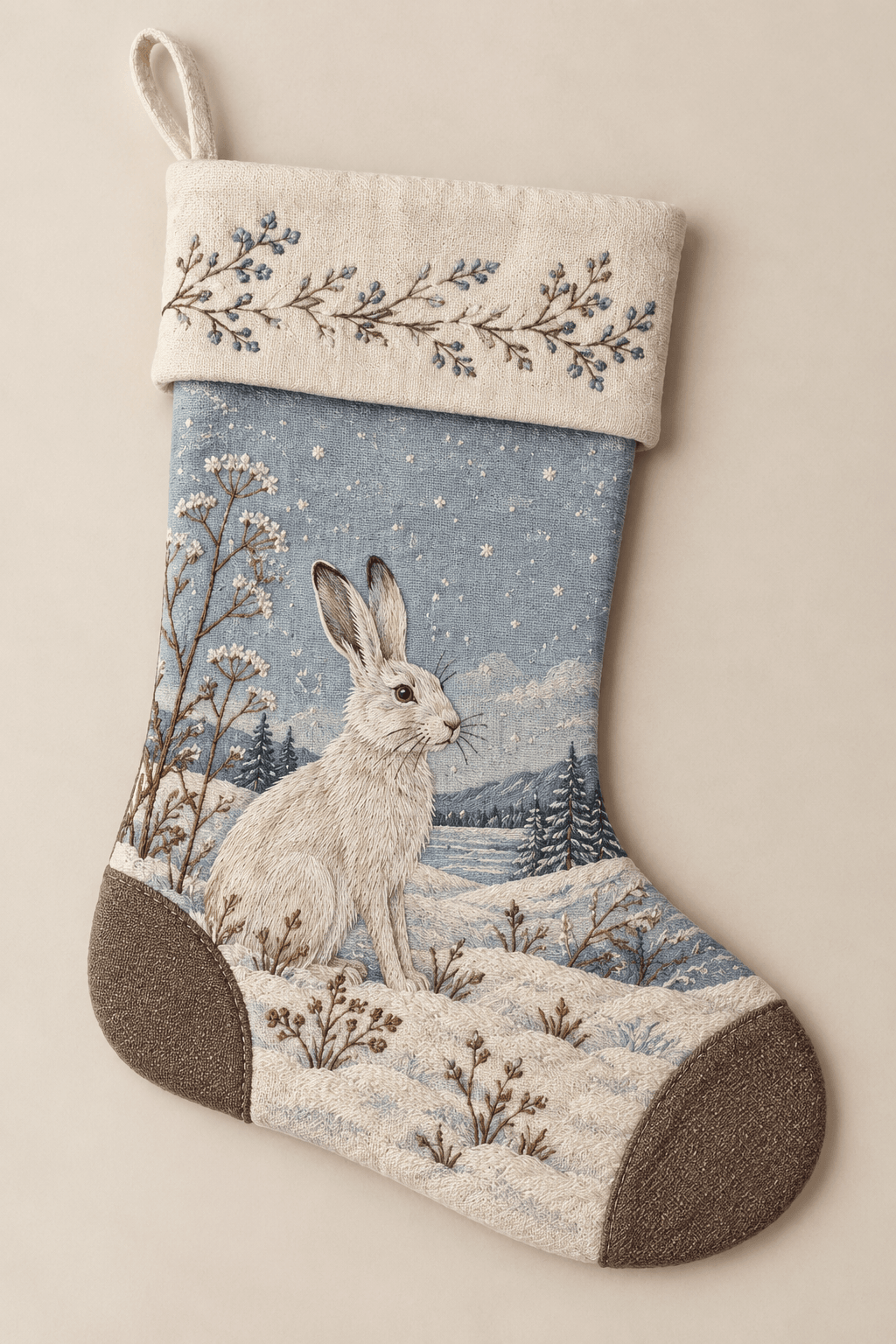Snow Hare — Christmas Stockings in cream, dusty blue, cocoa — design visualization