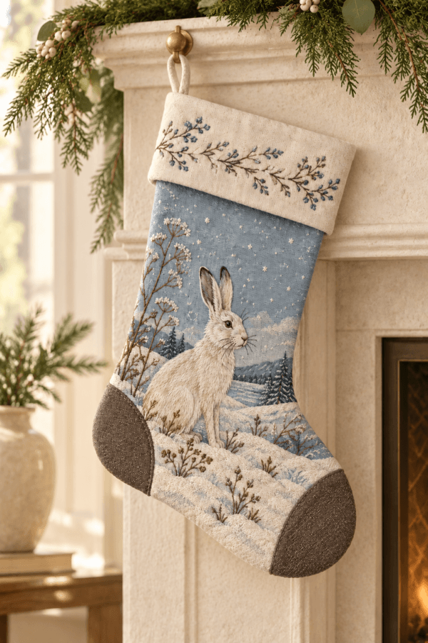 Snow Hare — Christmas Stockings in cream, dusty blue, cocoa in a styled setting — design visualization