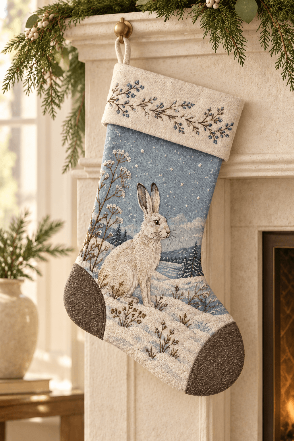 Snow Hare — Christmas Stockings in cream, dusty blue, cocoa in a styled setting — design visualization