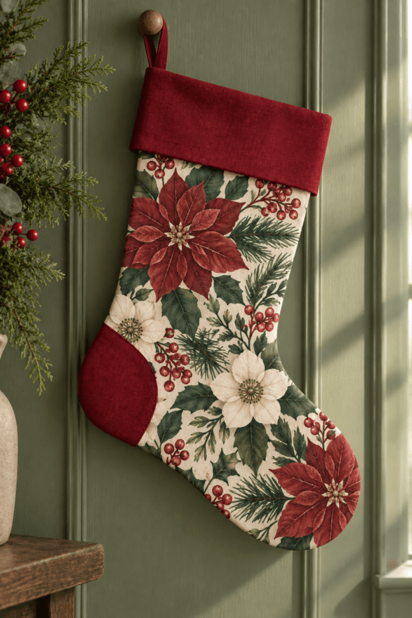 Festive Canopy — Christmas Stockings in wine, pine, cream in a styled setting — design visualization