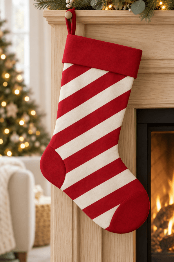 Candy Stripe — Christmas Stockings in red, ivory in a styled setting — design visualization