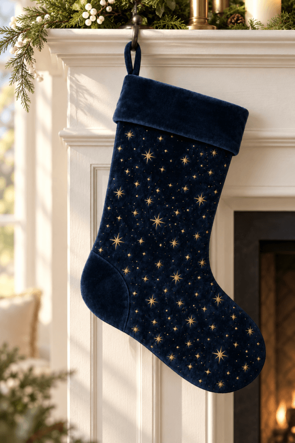 Star Scatter — Christmas Stockings in midnight navy, muted gold in a styled setting — design visualization