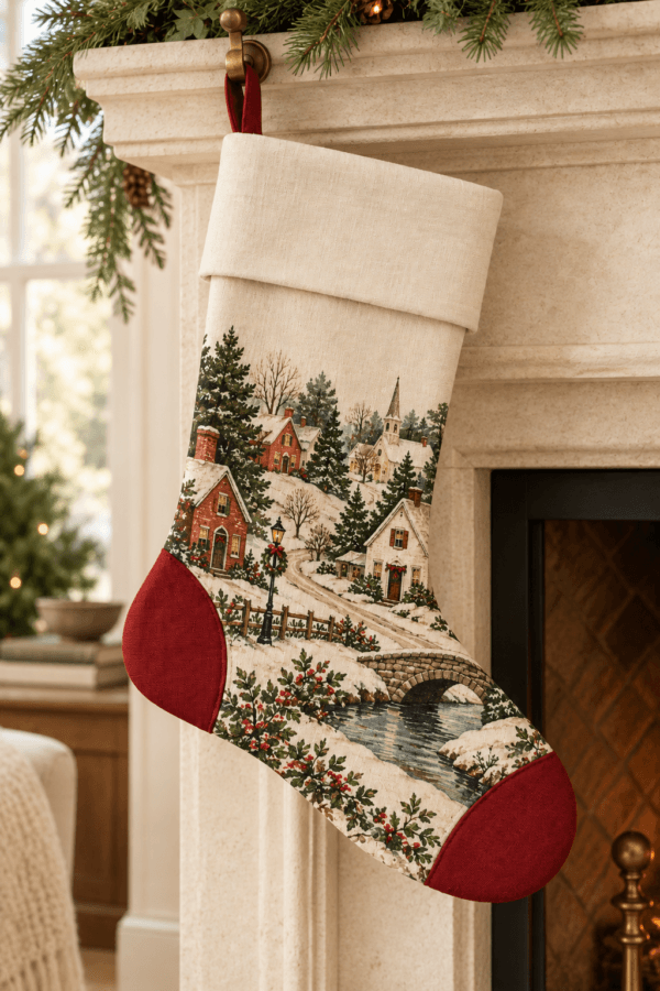 Village Walk — Christmas Stockings in brick, moss, cream in a styled setting — design visualization