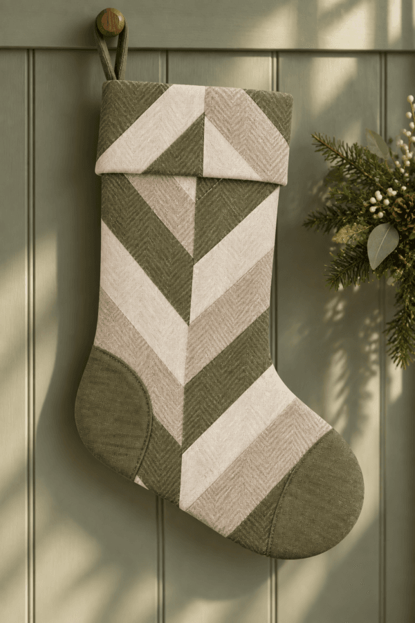 Olive Herringbone — Christmas Stockings in olive, flax, ivory in a styled setting — design visualization