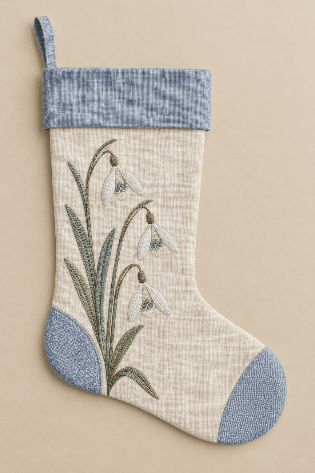 Blue Snowdrop — Christmas Stockings in blue, sage, cream — design visualization
