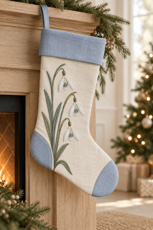 Blue Snowdrop — Christmas Stockings in blue, sage, cream in a styled setting — design visualization