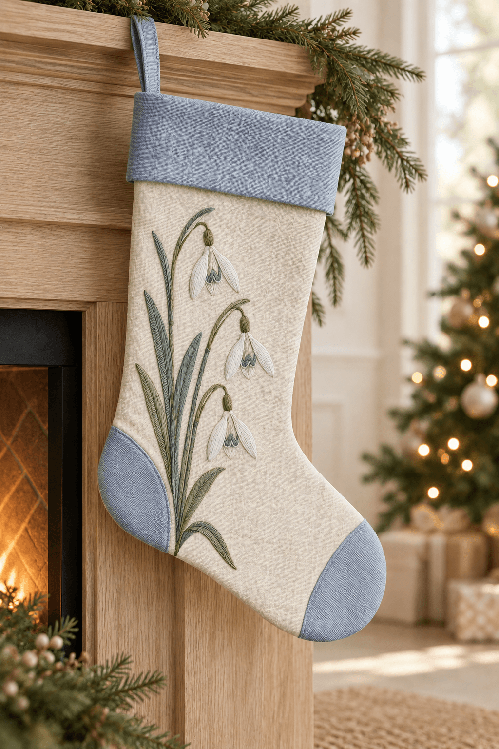 Blue Snowdrop — Christmas Stockings in blue, sage, cream in a styled setting — design visualization
