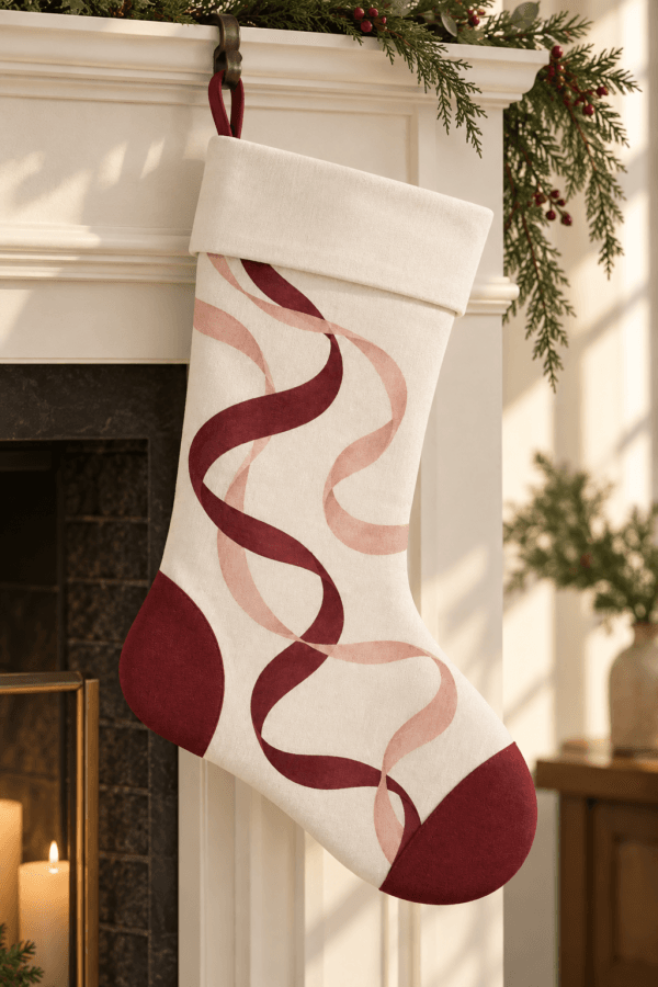 Ribbon Stream — Christmas Stockings in oxblood, blush, ivory in a styled setting — design visualization